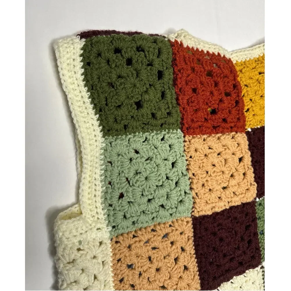 Vintage 1970s Style Handmade Crochet Granny Square Patchwork Vest Unisex XL